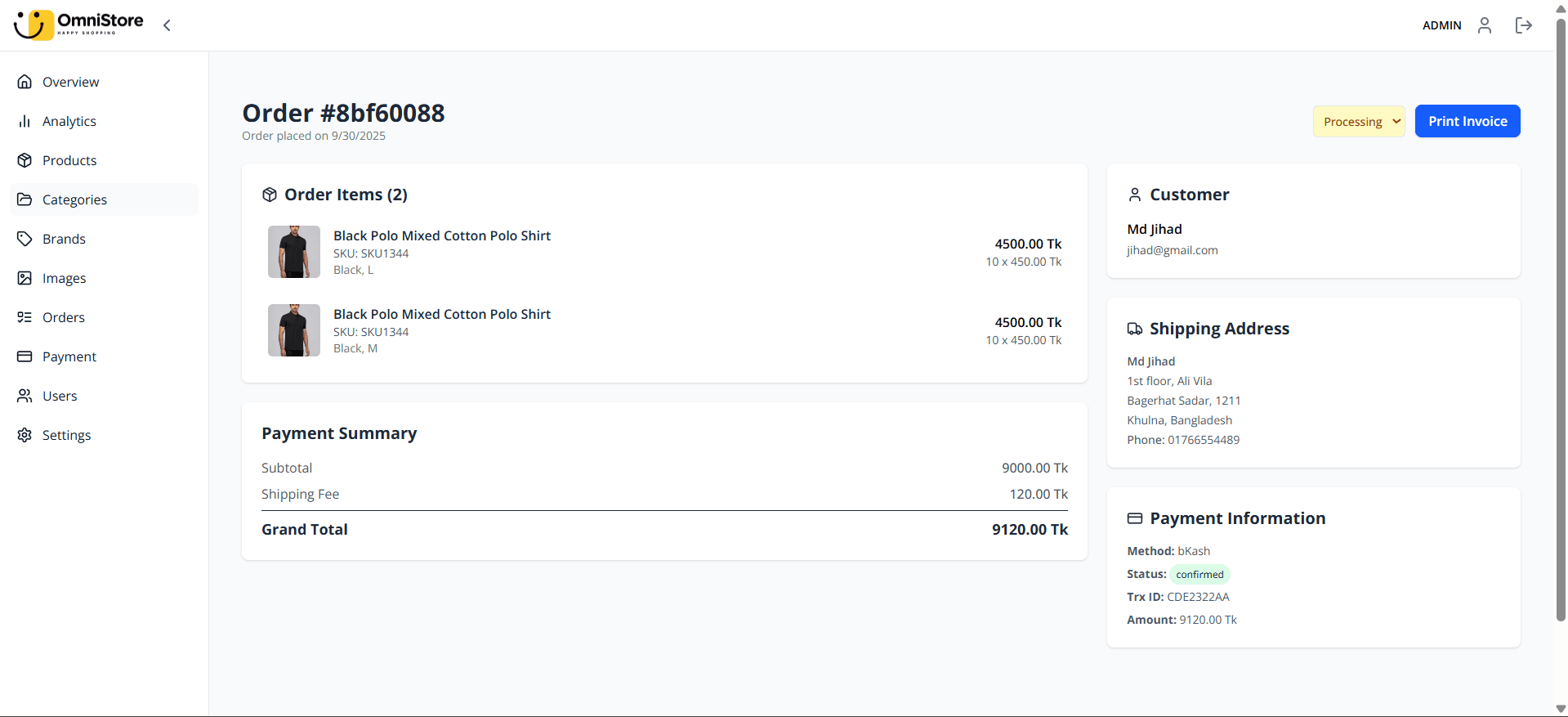 Dashboard Order Invoice