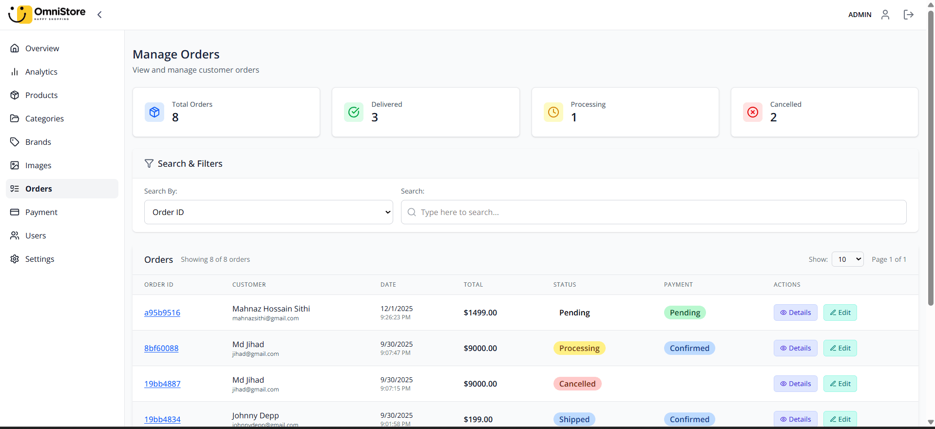 Dashboard Order List