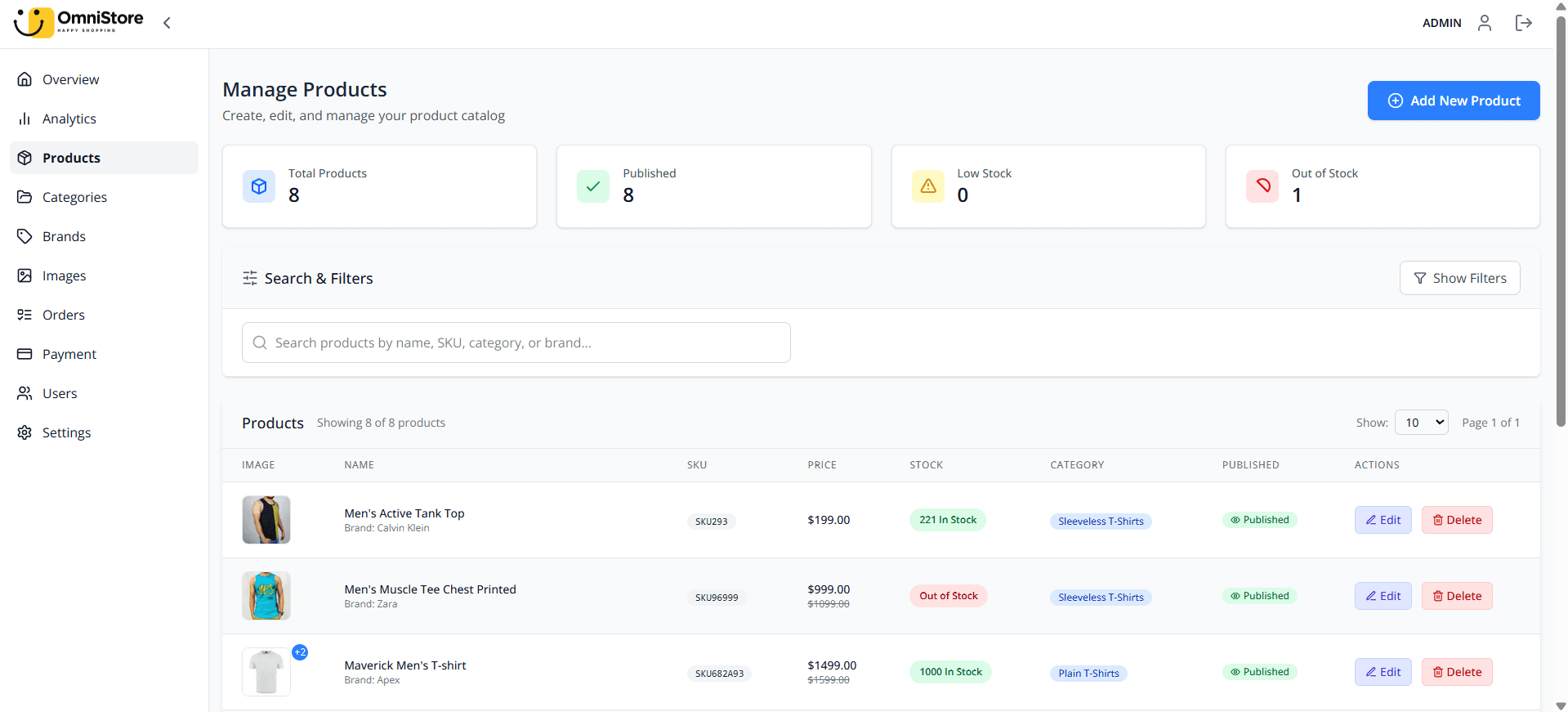 Dashboard Product List