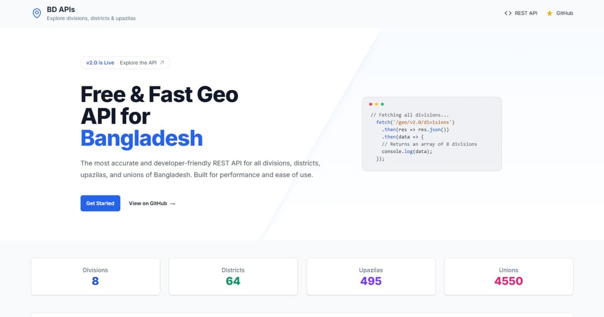 BD APIs dashboard showing Bangladesh divisions, districts and upazilas data