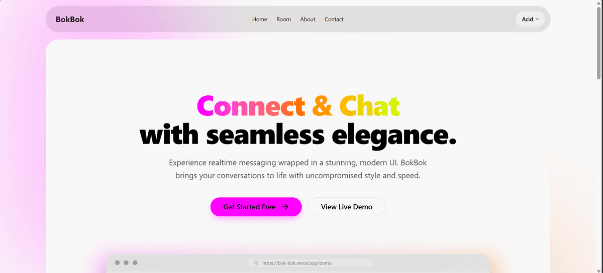 Screenshot of the BokBok real-time chat rooms homepage.