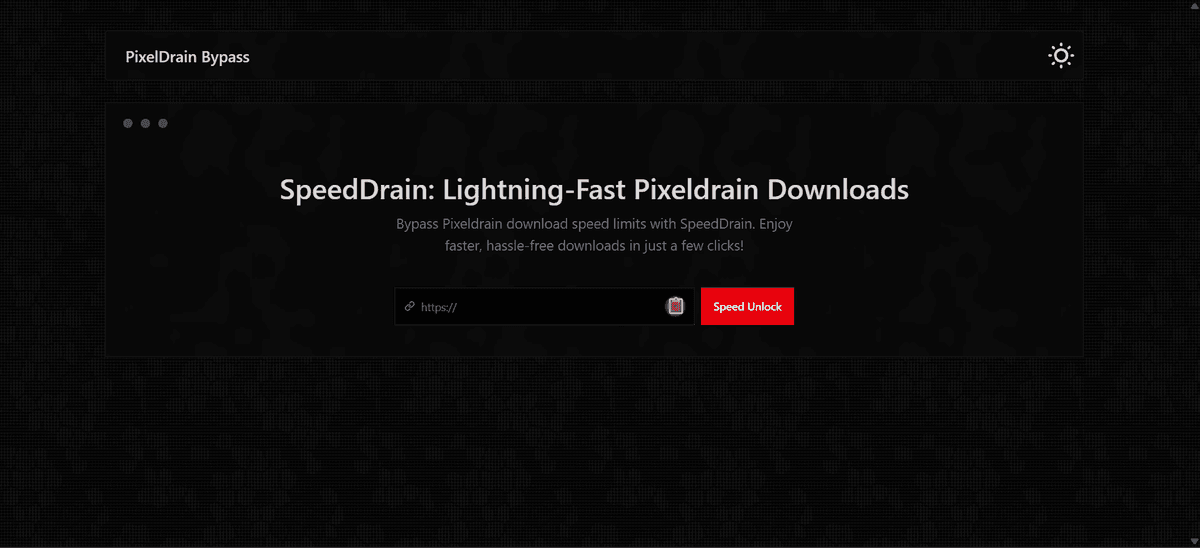 SpeedDrain interface showing Pixeldrain link input for bypassing speed limits